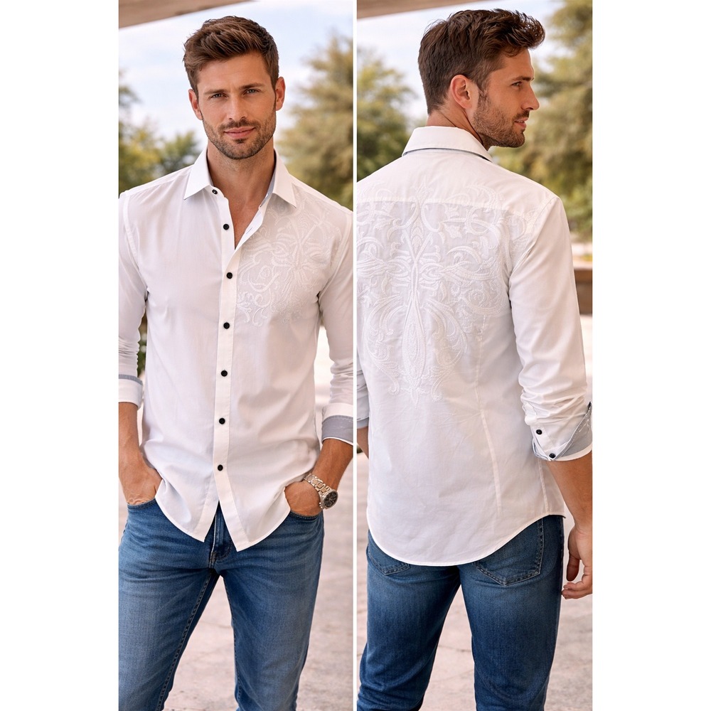 Toku Mens White Embroidered Long Sleeve Button Down‎ Shirt Large Ornate Back